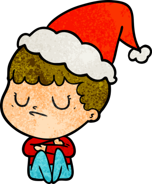 Bir insan tarafından çizilmiş Noel Baba şapkası giyen huysuz bir çocuğun el çizimi karikatürü.