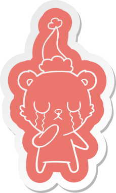 Ağlayan kutup ayısı garip çizgi film çıkartması. Bir insan tarafından çizilmiş Noel Baba şapkası.