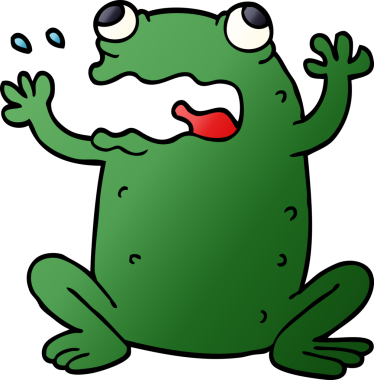 Bir insan tarafından çizilmiş karikatür geğiren kurbağa.