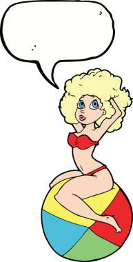 Bir insan tarafından çizilmiş konuşma baloncuğuyla topun üzerinde oturan kız.