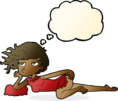 Bir insan tarafından çizilmiş düşünce baloncuğuyla seksi poz veren karikatür kadın.