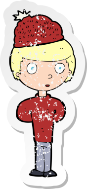 Bir insan tarafından çizilmiş kış şapkası giyen bir çizgi film karakterinin gerilimli retro çıkartması.