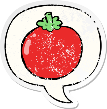 Konuşma baloncuklu çizgi film domatesi bir insan tarafından çizilmiş sıkıntılı eski bir çıkartma