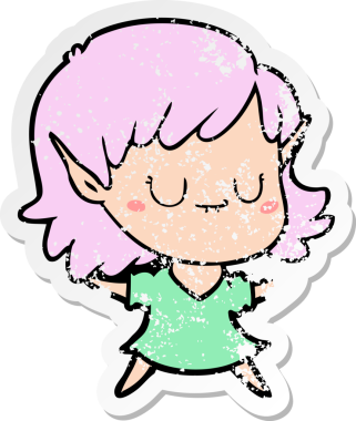 Bir insan tarafından çizilmiş mutlu bir elf kızının sıkıntılı çıkartması.