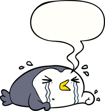 Bir insan tarafından çizilmiş konuşma balonlu ağlayan penguen çizgi filmi.