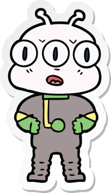 Çizgi film çıkartması. Bir insan tarafından çizilmiş üç gözlü uzaylı.