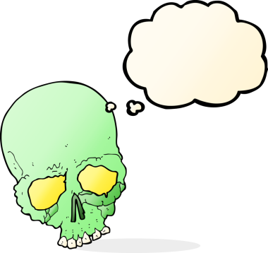Bir insan tarafından çizilmiş düşünce baloncuklu ürkütücü yaşlı kafatası.