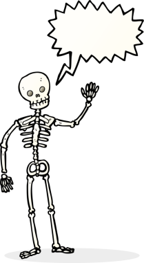 Bir insan tarafından çizilmiş konuşma baloncuğu ile iskelet sallayan çizgi film.