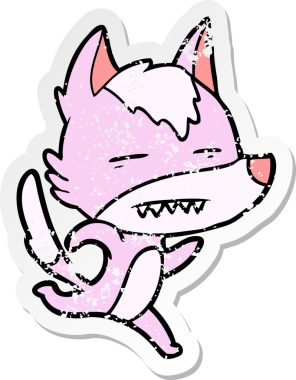 Bir insan tarafından çizilmiş dişleri olan bir kurt çizgi filminin sıkıntılı çıkartması.