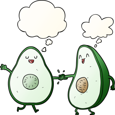 Düşünce baloncuğuyla dans eden çizgi film avokadolarını bir insan çizmiş.