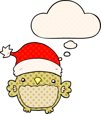 Bir insan tarafından çizilmiş çizgi roman tarzında düşünce baloncuğu olan şirin noel baykuşu.