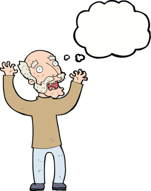 Karikatür, bir insan tarafından çizilmiş düşünce balonlu yaşlı adamı dehşete düşürdü.