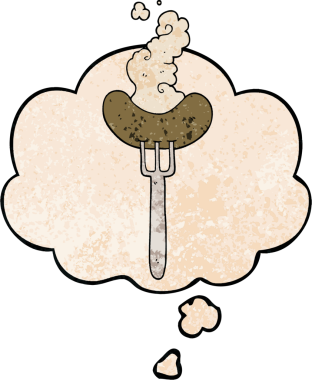 Çatal üzerinde çizgi film sosisi ve insan tarafından çizilmiş grunge desen şeklinde bir düşünce balonu.