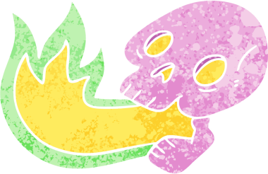 Ateş püskürten retro illüstrasyon stili bir insan tarafından çizilmiş tuhaf bir karikatür kafatası.