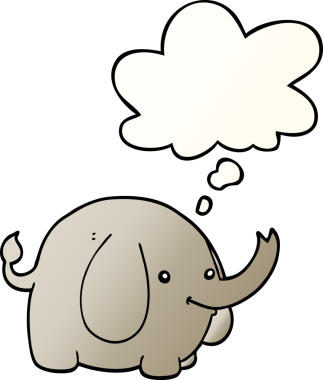 Bir insan tarafından çizilmiş, düşünce baloncuklu çizgi film fili.