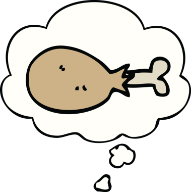 Bir insan tarafından çizilmiş düşünce baloncuğuyla pişirilmiş tavuk budu.