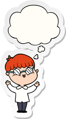 Düşünce baloncuklu gözlük takan çizgi film çocuğu bir insan tarafından çizilmiş çıkartma gibi.