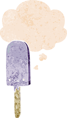 Düşünce baloncuğu ile çizgi film buz lolipopu grunge sıkıntılı retro dokuma tarzı bir insan tarafından çizilmiş