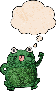 Bir insan tarafından çizilmiş grunge desenli düşünce baloncuğu olan çizgi film kurbağası.