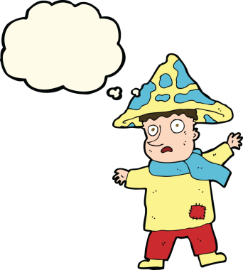 Bir insan tarafından çizilmiş düşünce balonlu sihirli mantar adam.