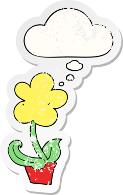 Düşünce baloncuğu olan sevimli bir karikatür çiçeği insan tarafından çizilmiş yıpranmış bir çıkartma gibi.