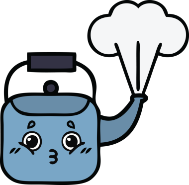 Bir insan tarafından çizilmiş dumanı tüten bir çaydanlığın sevimli çizgi filmi.