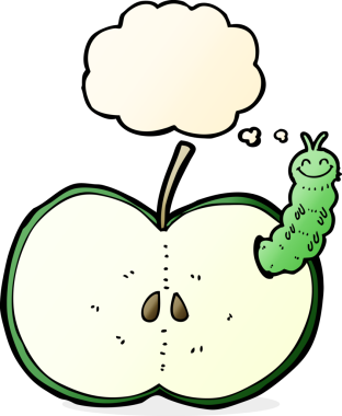 Bir insan tarafından çizilmiş düşünce balonlu elma yiyen çizgi film böceği.