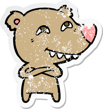 Bir insan tarafından çizilmiş dişleri gösteren bir çizgi film ayısının sıkıntılı çıkartması.