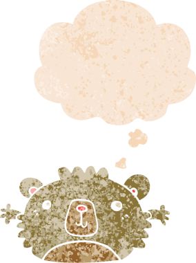 Düşünce baloncuğu olan komik çizgi film ayısı grunge sıkıntılı retro desenli bir insan tarafından çizilmiş