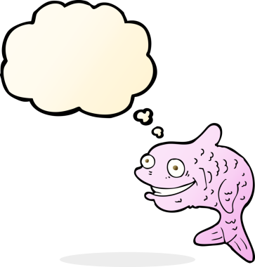 Bir insan tarafından çizilmiş düşünce balonlu mutlu balık çizgi filmi.