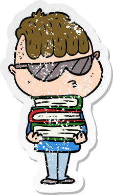 Bir insan tarafından çizilmiş bir yığın kitap ve güneş gözlüğü takan çizgi film çocuğunun sıkıntılı çıkartması.