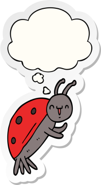 Bir insan tarafından çizilmiş bir çıkartma olarak düşünce balonlu sevimli uğur böceği çizgi filmi.