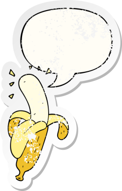 Konuşma baloncuklu çizgi film muzu bir insan tarafından çizilmiş sıkıntılı eski bir çıkartma