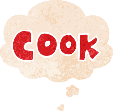 Düşünce baloncuğu ve grunge ile çizgi film aşçısı bir insan tarafından çizilmiş sıkıntılı retro dokuma tarzı