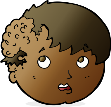 Bir insan tarafından çizilmiş kafasında çirkin bir büyüme olan çizgi film çocuğu.