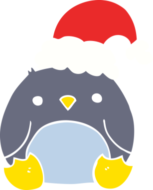 Sevimli düz renkli çizgi film pengueni Noel şapkası takıyor bir insan tarafından çizilmiş