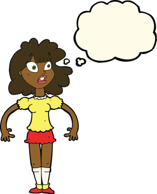 Bir insan tarafından çizilmiş düşünce baloncuğuyla şok olmuş güzel bir kız.