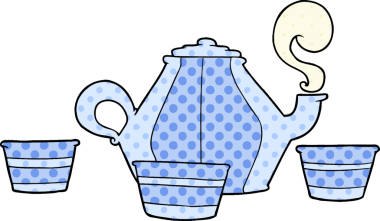 Bir insan tarafından çizilmiş çaydanlık ve fincanlar.