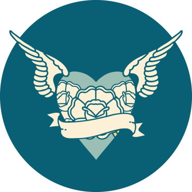 Kanatlı, çiçek ve bir insan tarafından çizilmiş bir kalbin ikonik dövme görüntüsü.