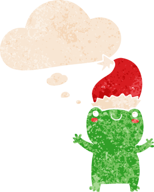 Hoş noel kurbağası. Düşünce baloncuğu ve grunge dertli retro stili bir insan tarafından çizilmiş.