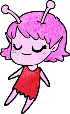 Bir insan tarafından çizilmiş gülümseyen uzaylı kız çizgi filmi.