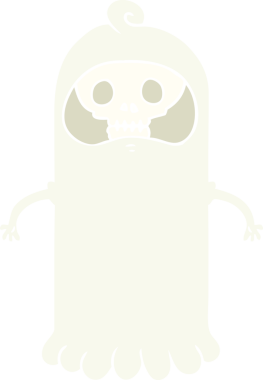 Düz renkli karikatür. Bir insan tarafından çizilmiş ürkütücü kafatası hayaleti.