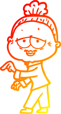 Bir insan tarafından çizilmiş mutlu, yaşlı bir kadının sıcak çizgi çizimi.