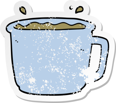 Bir insan tarafından çizilmiş çizgi film kahve fincanının sıkıntılı çıkartması.