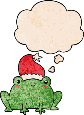 Bir insan tarafından çizilmiş grunge desenli düşünce baloncuğu olan şirin bir çizgi roman noel kurbağası.