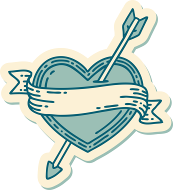 Bir insan tarafından çizilmiş ok kalp ve pankartın geleneksel stiliyle dövme çıkartması.