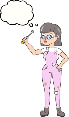 Bir insan tarafından çizilmiş serbest çizim balon karikatür kadın tamirci.