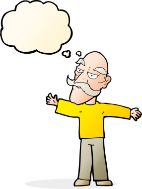 Bir insan tarafından çizilmiş düşünce baloncuğuyla kollarını açan yaşlı adam çizgi filmi.