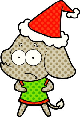 Bir insan tarafından çizilmiş Noel Baba şapkası giyen belirsiz bir filin el çizimi çizgi roman tasviri.