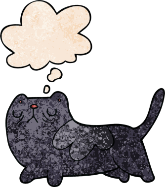 Bir insan tarafından çizilmiş grunge desenli düşünce baloncuklu çizgi film kedisi.